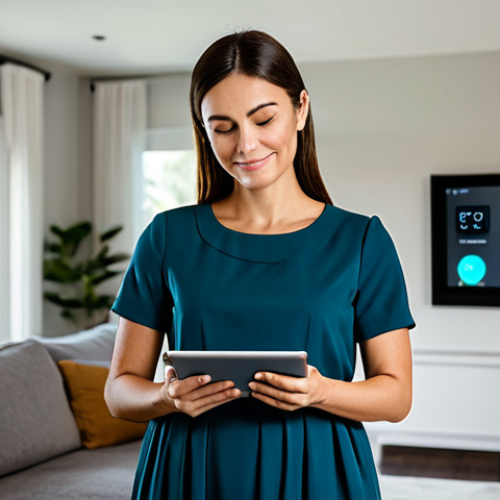 A professional, relaxed woman in a modest, elegant business casual dress, standing in a clean, modern smart home living room. The ambient lighting is perfectly adjusted, and subtle, integrated smart technology elements are visible in the background, hinting at seamless automation. She holds a tablet displaying a clean, organized digital interface, reflecting effortless task management. Her pose is natural and her expression is calm, conveying a sense of reclaimed time and freedom from daily stressors. fully clothed, appropriate attire, safe for work, perfect anatomy, natural pose, well-formed hands, correct proportions, professional photography, high quality, family-friendly.