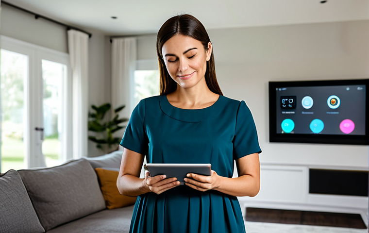 A professional, relaxed woman in a modest, elegant business casual dress, standing in a clean, modern smart home living room. The ambient lighting is perfectly adjusted, and subtle, integrated smart technology elements are visible in the background, hinting at seamless automation. She holds a tablet displaying a clean, organized digital interface, reflecting effortless task management. Her pose is natural and her expression is calm, conveying a sense of reclaimed time and freedom from daily stressors. fully clothed, appropriate attire, safe for work, perfect anatomy, natural pose, well-formed hands, correct proportions, professional photography, high quality, family-friendly.