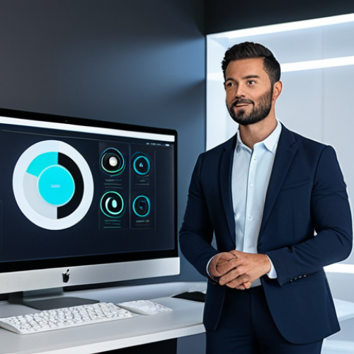 A professional adult in a modern, minimalist home office, surrounded by sleek digital screens and smart devices, subtly indicating a highly integrated AI assistant. The subject is focused, with a calm and confident expression, interacting intuitively with the technology. They are fully clothed in professional, modest attire, comprising a smart casual blazer and well-fitted trousers. The background features clean lines, soft ambient lighting, and subtle futuristic elements. The scene conveys a sense of efficiency and advanced technology seamlessly supporting daily tasks. safe for work, appropriate content, fully clothed, professional, perfect anatomy, correct proportions, natural pose, well-formed hands, proper finger count, natural body proportions, high quality, professional photography.